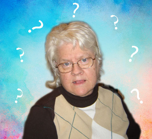 Carole wearing brown sweater. Perplexed look on the face. Blues and pinks background. She's surrounded by large white question marks.