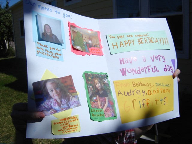 FJ's giant birthday card made by his grandkids. Each one added a photo with greetings.