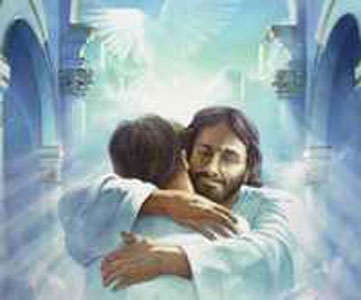Jesus hugging a person. Blue background. Old-fashioned buildings.