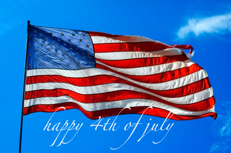 US flag on blue background. "Happy 4th of July".