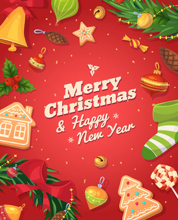 Merry Christmas & Happy New Year on red background with cookies of various shapes