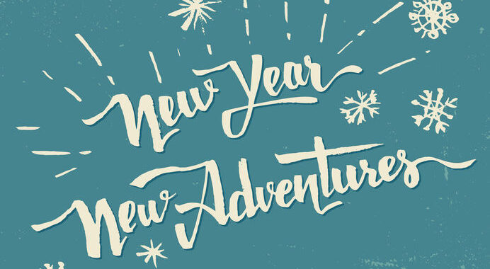 "New Year New Adventures" beige hand drawn lettering written on turquoise background.
