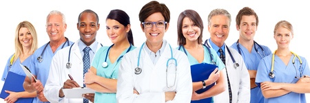 Group of 9 medical doctors, men and women.