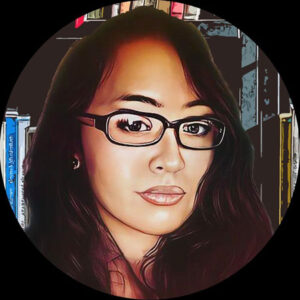 Headshot of author Joanna Alonzo within a circle. Background of bookcase.