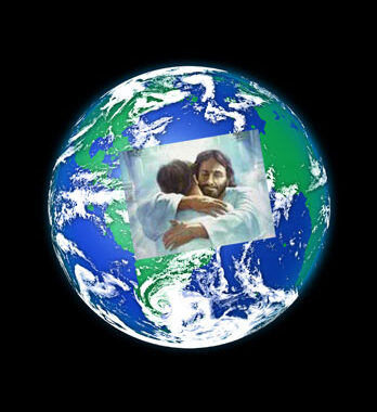 A picture of the earth with an inserted image of Jesus hugging a person.