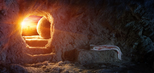 Jesus 'empty tomb. Looking out the open doorway from an empty stone tomb. A stone table with folding cloths. A bright sunrise visible through the doorway.