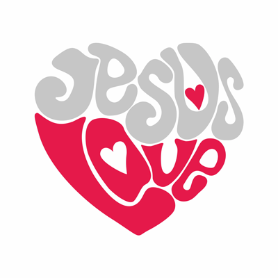 Heart shape made up of the words, "Jesus Love". Jesus is in gray; Love is in red.