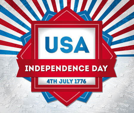 Red, blue, and white sign: USA, Independence Day, 1776. Stripes and diamonds.