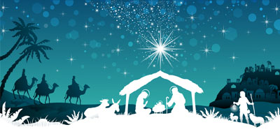 Nativity scene with the Holy Family and a shepherd and lambs in white. Turquoise sky with bright star. Wise Men and town in the background .