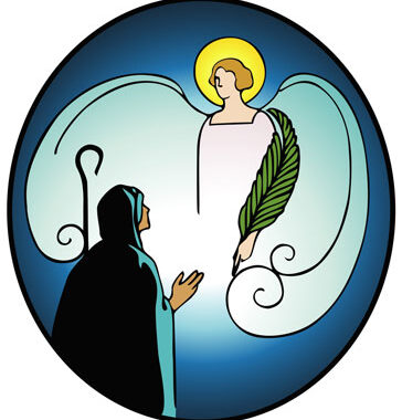 Angel appears to shepherd. Turquoise background.