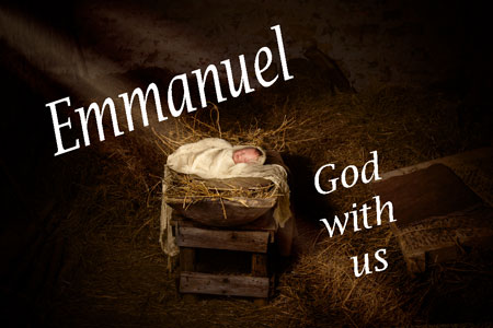 Jesus in the manger. Brown background. White letters: Emmanuel - God with us.