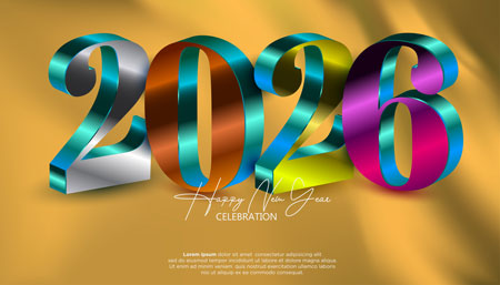 2026 - Happy New Year Celebration on gold background. The numbers are tilted. First 2 is silver and turquoise. 0 is bronze and turquoise. 2 is yellow green and turquoise. 6 is pink and turqoise.